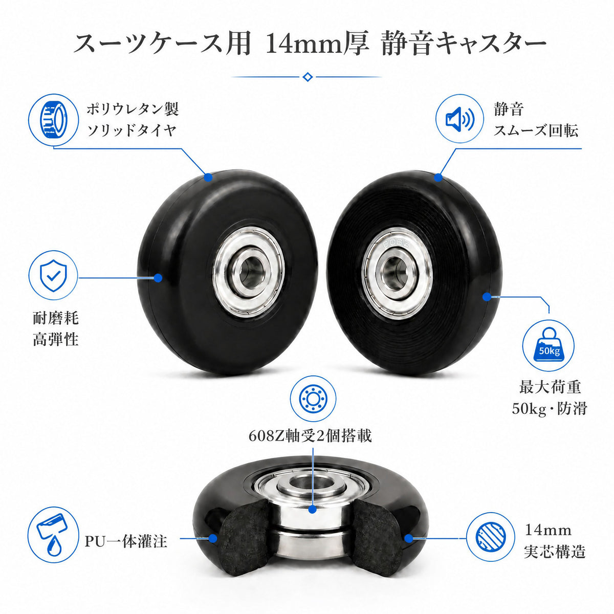 Luggage Wheels Replacement 50x14mm, 8PCS Swivel Caster Wheels with Axles & Repair Kit, Precision Ball Bearings for Quiet Smooth Rolling, Fit for Suitcase, Travel Trolley Bag