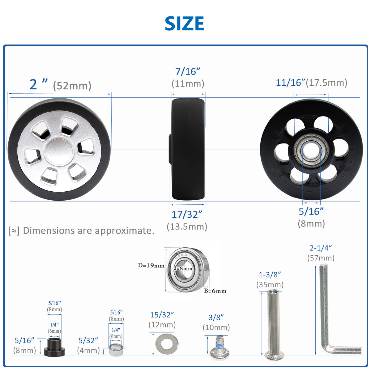 Luggage Wheels Replacement 8PCS, 2 Inch/52MM TPU Spinner Wheels with 698z Bearings, Complete Repair Kit with Rivet Removal Drill & Grinding Bit