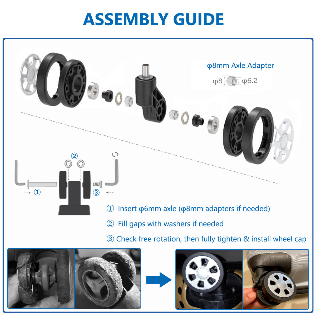 Luggage Wheels Replacement 8PCS, 2 Inch/52MM TPU Spinner Wheels with 698z Bearings, Complete Repair Kit with Rivet Removal Drill & Grinding Bit