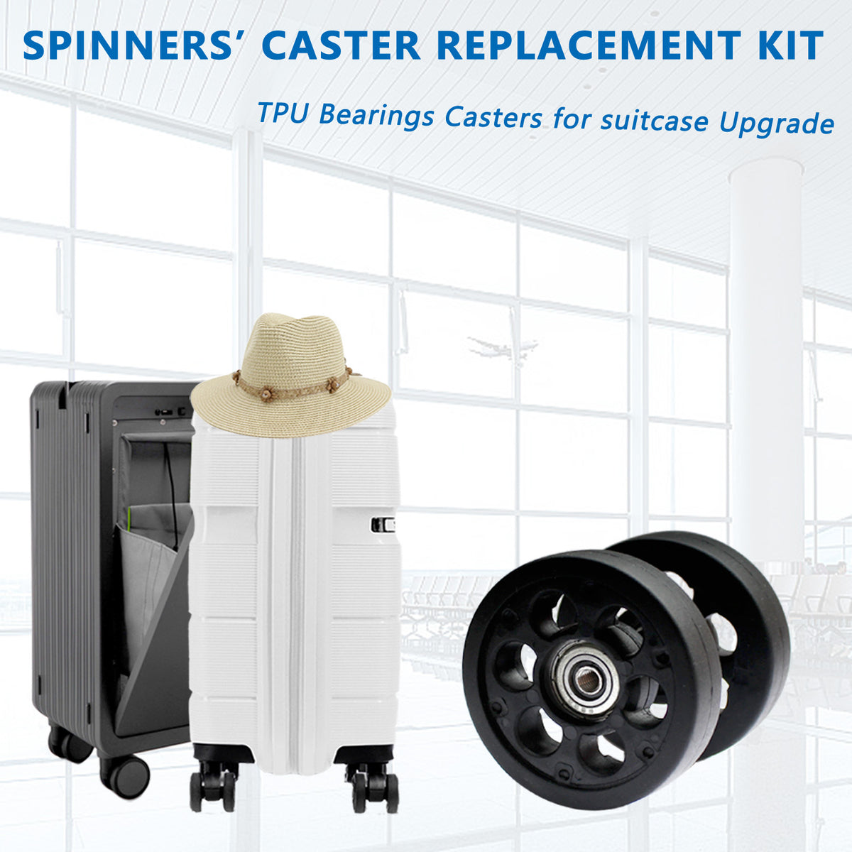Luggage Wheels Replacement 8PCS, 2 Inch/52MM TPU Spinner Wheels with 698z Bearings, Complete Repair Kit with Rivet Removal Drill & Grinding Bit