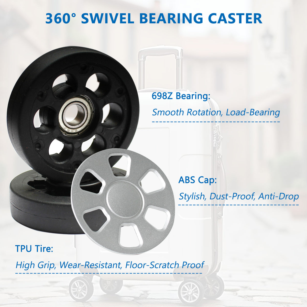 Luggage Wheels Replacement 8PCS, 2 Inch/52MM TPU Spinner Wheels with 698z Bearings, Complete Repair Kit with Rivet Removal Drill & Grinding Bit